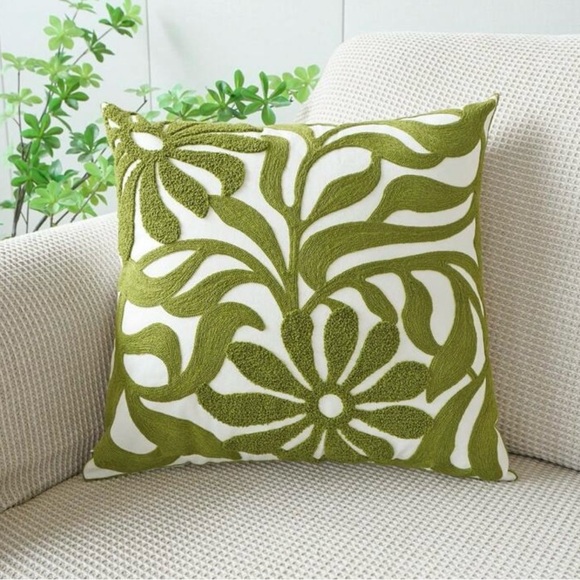 Embroidered Green Leaf Floral Throw Pillow Cover - Picture 1 of 6